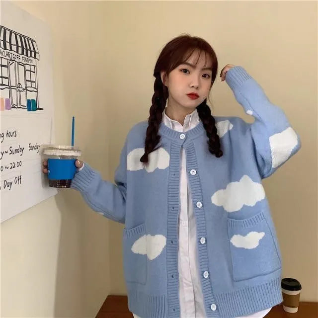 Women's blue cloud pattern cardigan sweater with long sleeves and loose fit