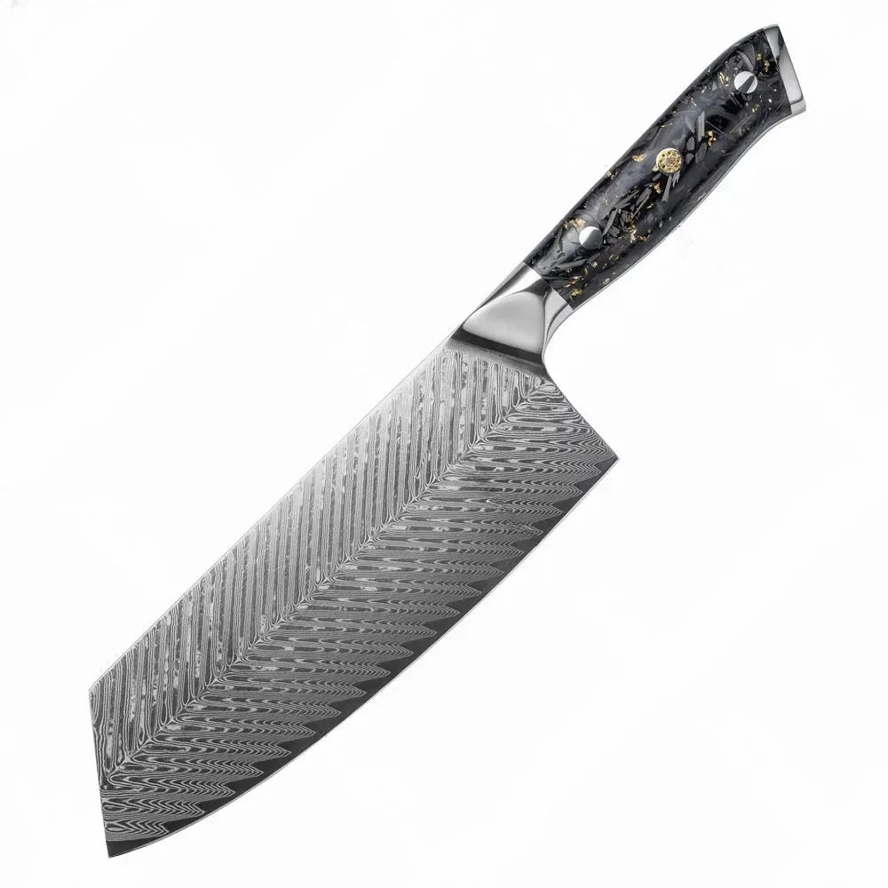 Damascus steel kitchen knife set showing eight different blade sizes with fishbone pattern detailing