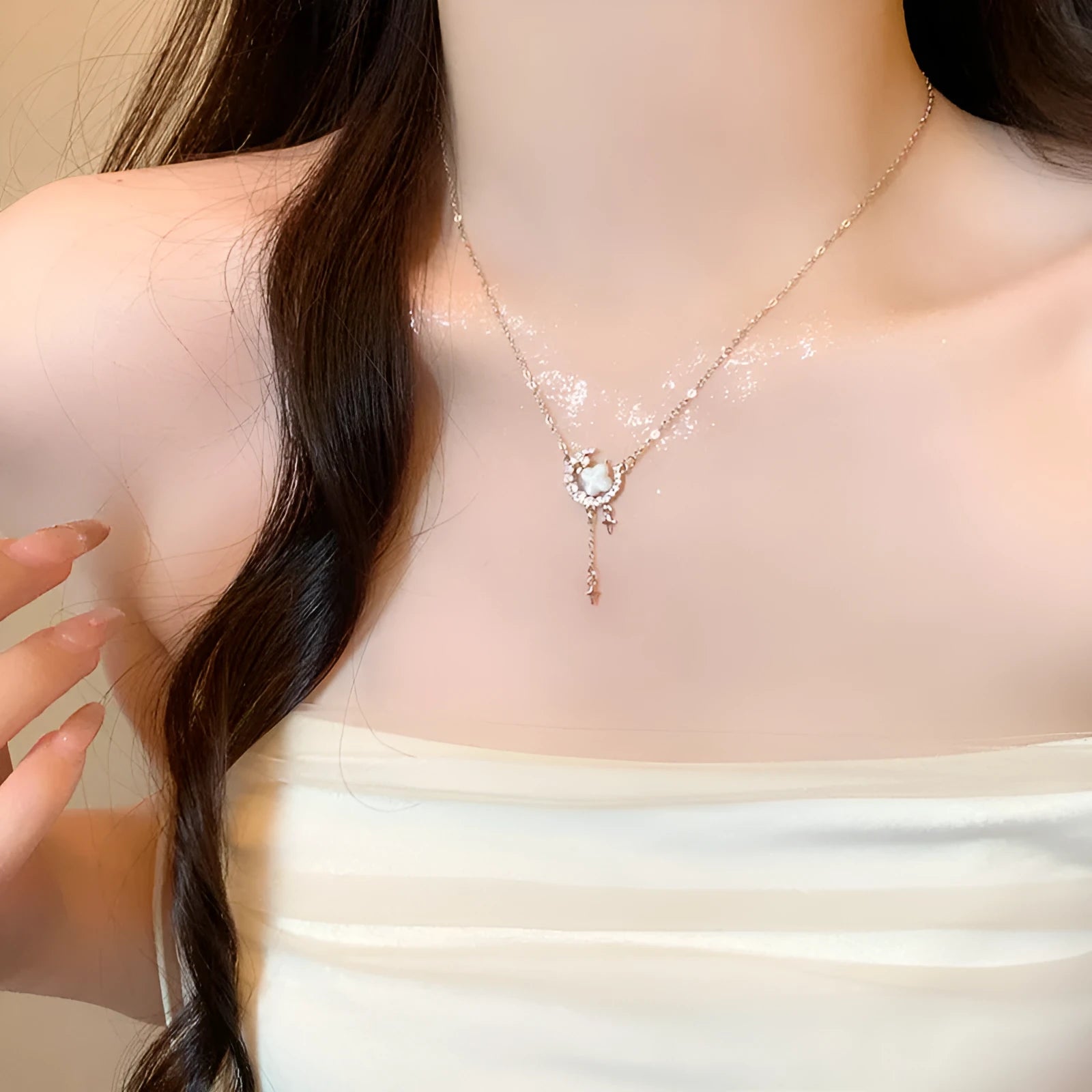 Gold and silver star moon zirconium necklace with adjustable clavicle chain for women