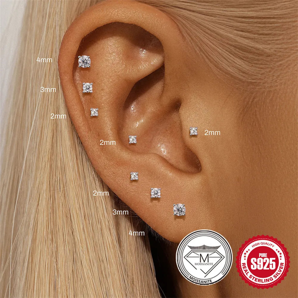 Platinum-plated sterling silver stud earrings with geometric petal diamond debris designs in eight style variations
