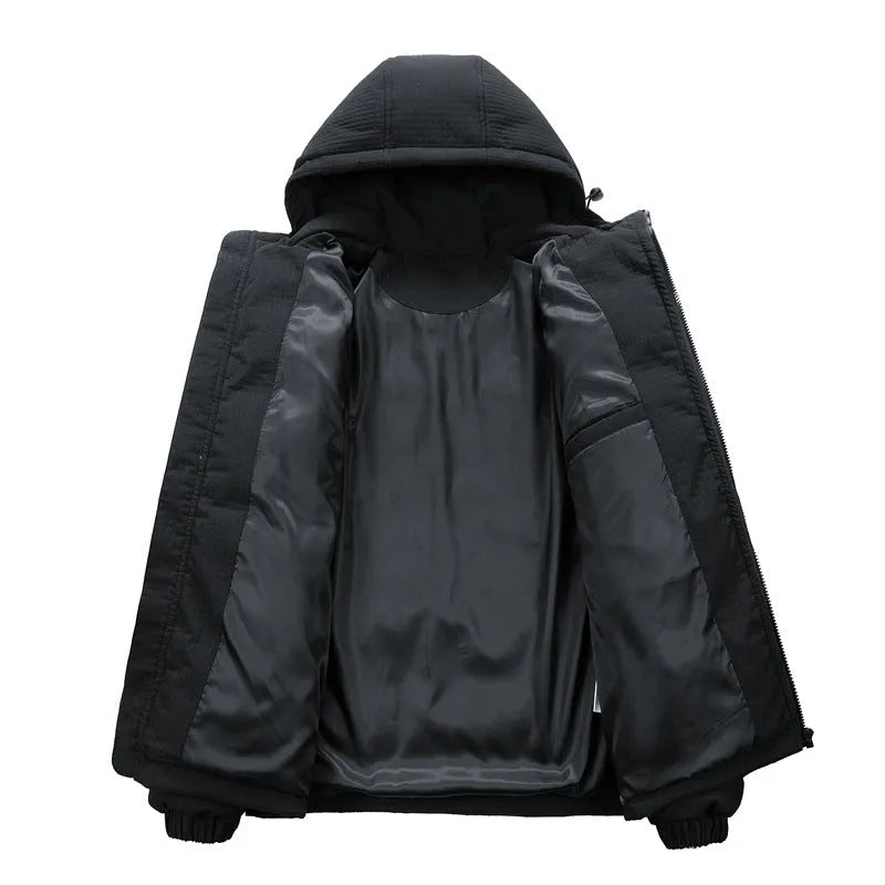 Men's black hooded winter coat with letter print on hood, showing side seam pockets and cardigan style.