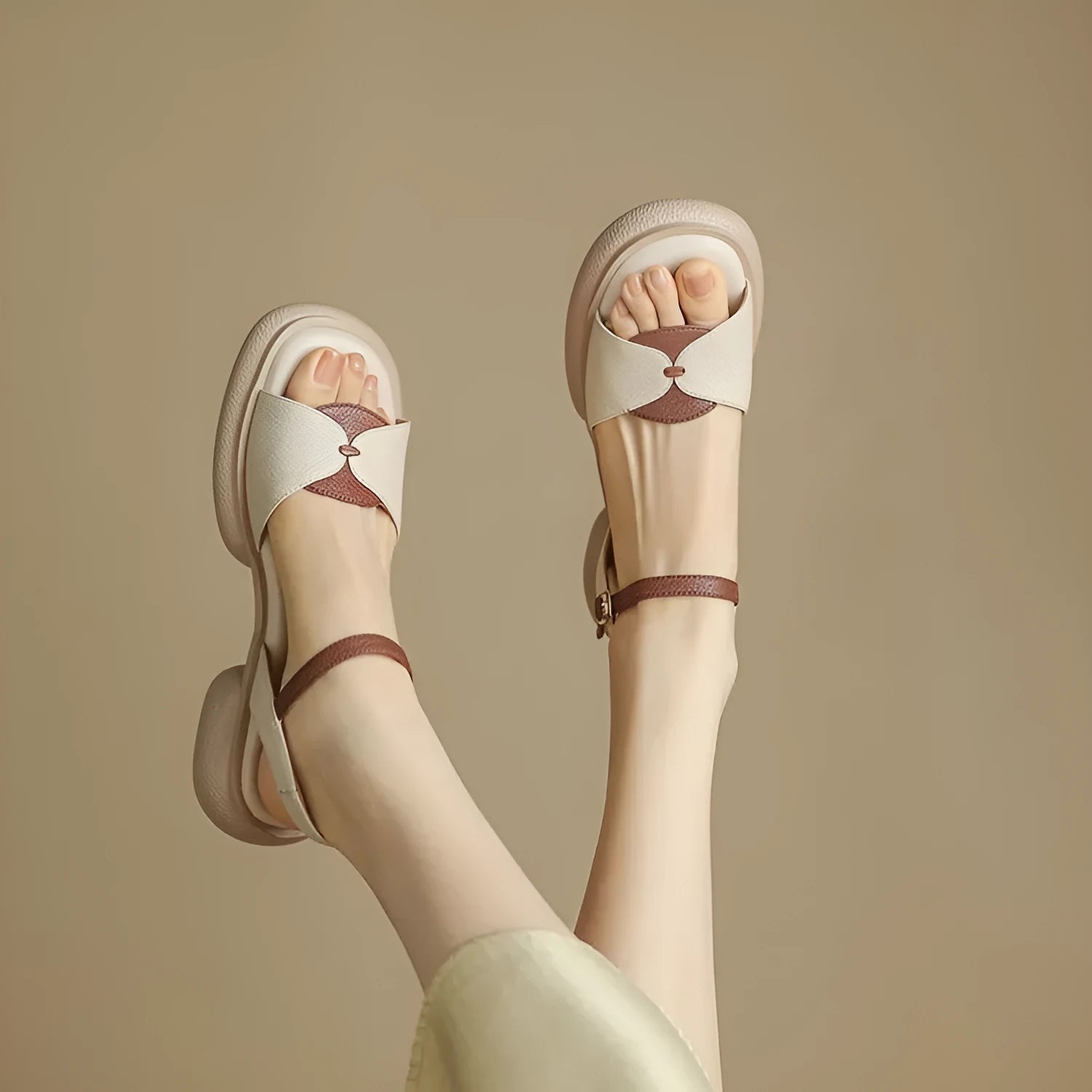 Women's chunky heel platform sandals with open toe design in khaki colour