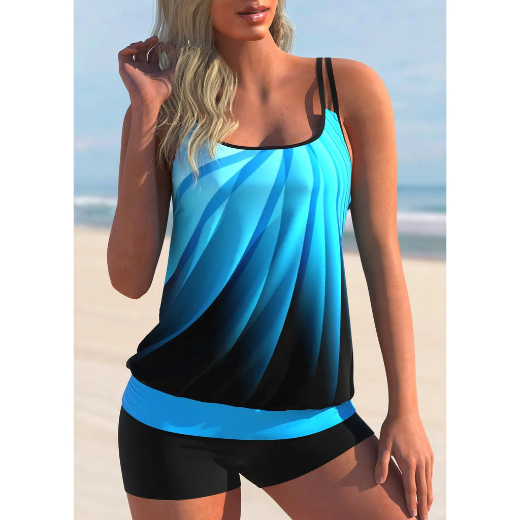 Women's printed swimsuit strap and beach shorts set in butterfly pattern, conservative plus size swimwear