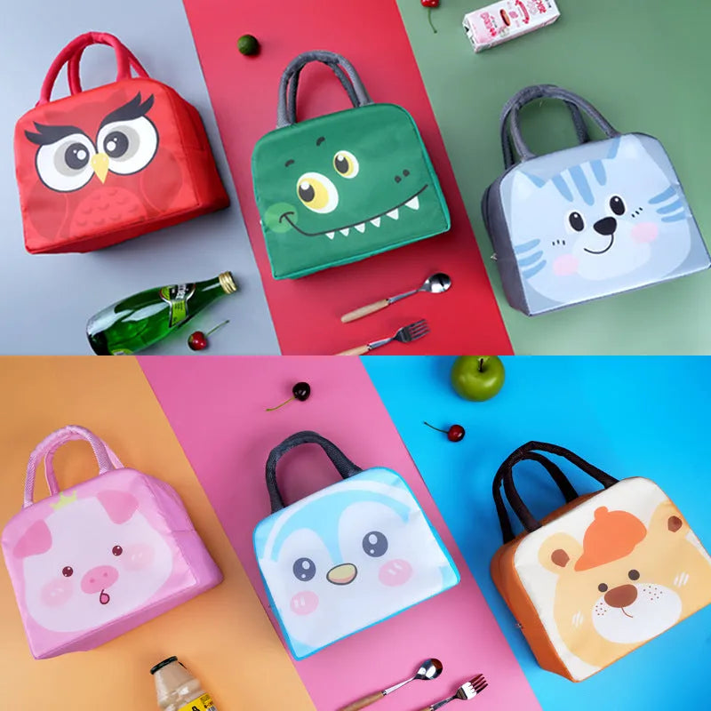 Cartoon insulated children's lunch box bag in Oxford cloth with aluminium foil lining.