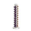 Black wrought iron coffee capsule storage rack holding twenty pods on display shelves.
