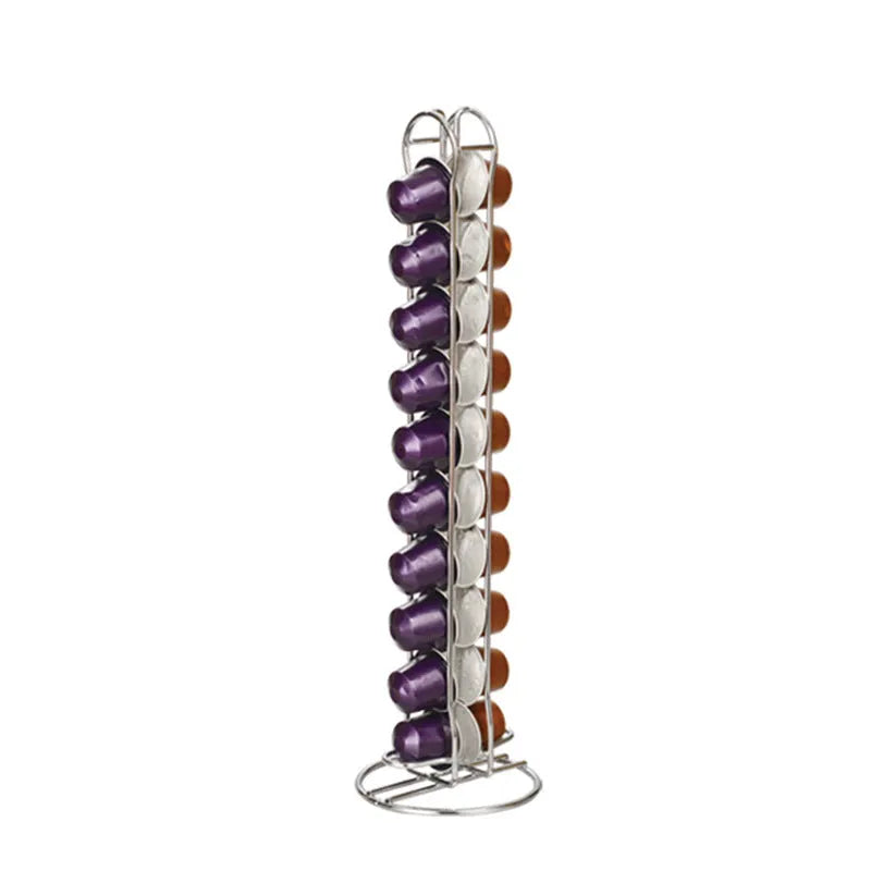 Black wrought iron coffee capsule storage rack holding twenty pods on display shelves.
