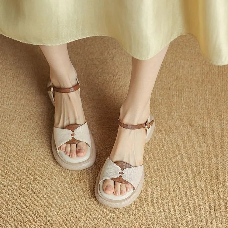 Women's chunky heel platform sandals with open toe design in khaki colour