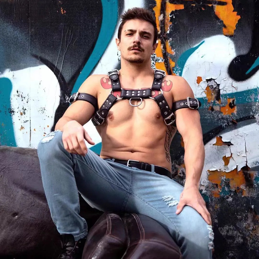 Black leather adjustable chest muscle bondage strap with metal buckle