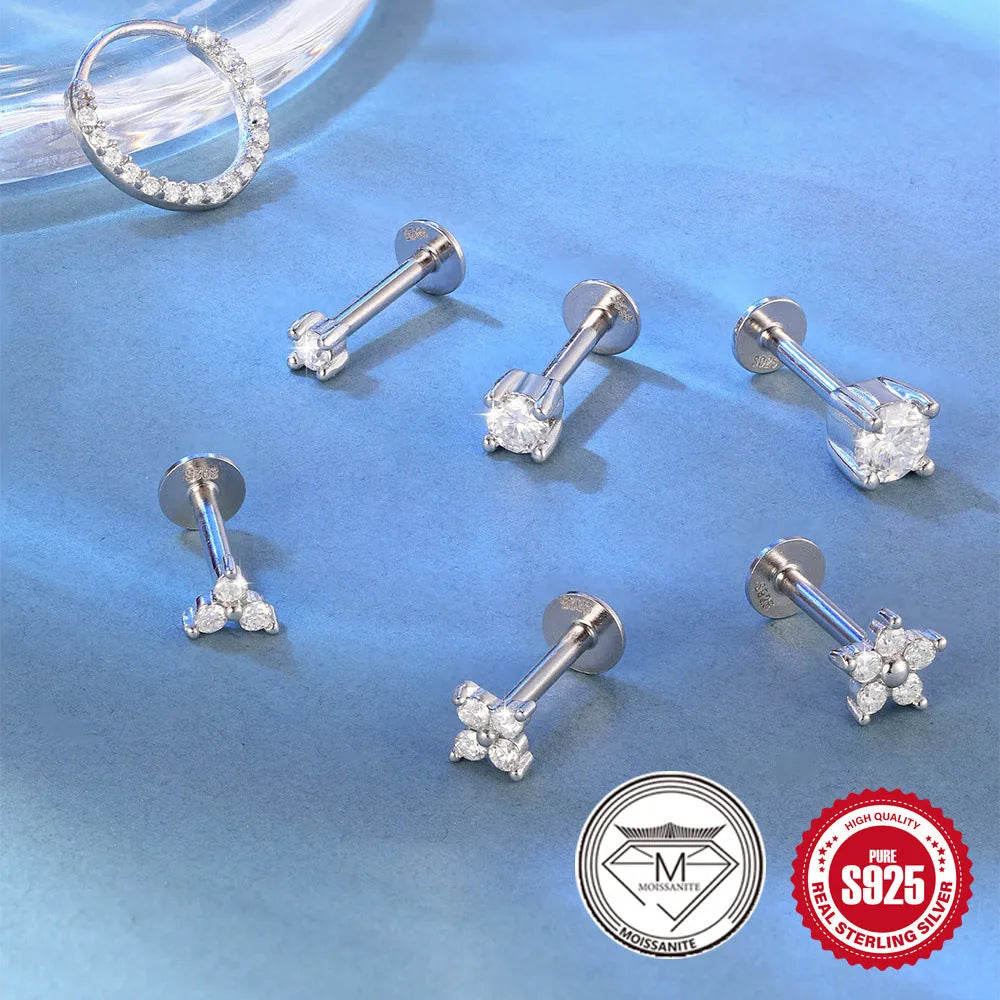Platinum-plated sterling silver stud earrings with geometric petal diamond debris designs in eight style variations