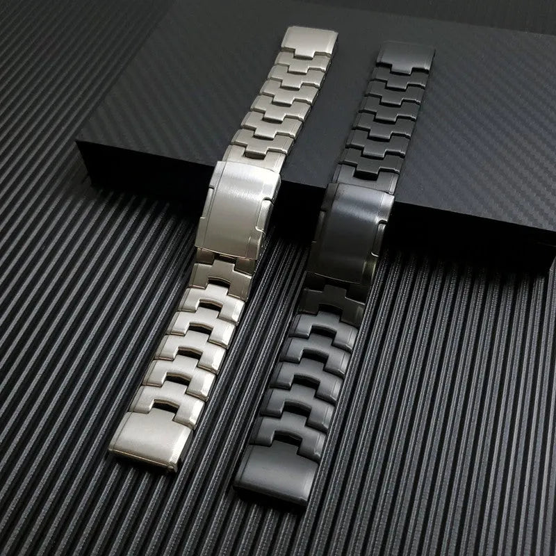Garmin Fenix compatible replacement watch strap in silver, black, and titanium colours showing 22mm and 26mm widths.