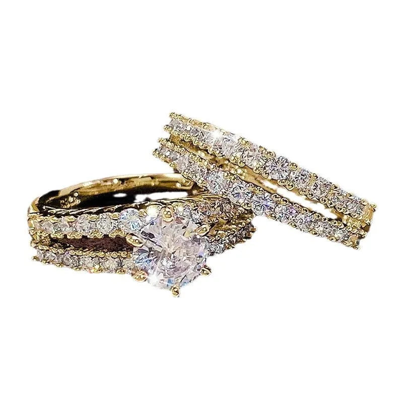 Two-in-one alloy ring set for women with diamond treatment in silver, gold, and rose gold colours.