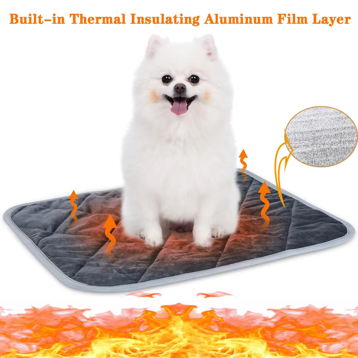 Grey multi-layer cloth pet cushion shown in four available sizes for dogs and cats.