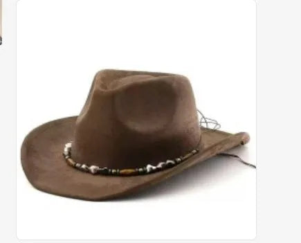 Brown leather velvet curved-edge western cowboy hat with a conical crown on a plain background.