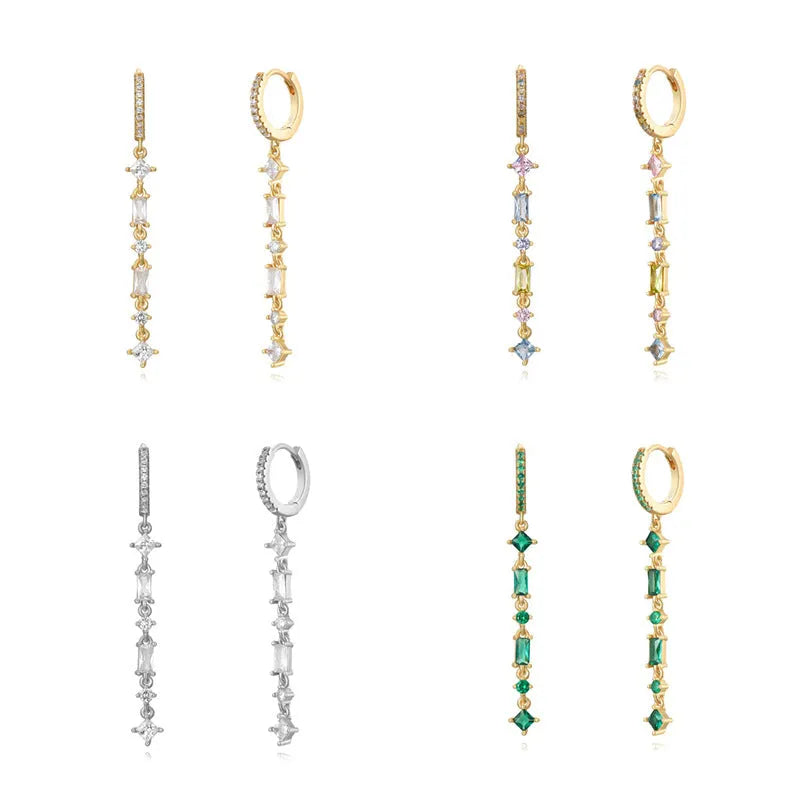 Sterling silver geometric U-shape ear clips with needle micro-inlaid colourful zircon stones and tassel design