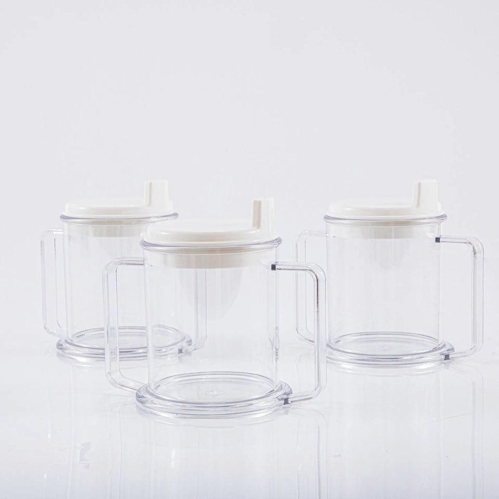 Transparent plastic drinking cup with spill-proof lid showing 14cm height and 12cm diameter dimensions
