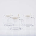 Transparent plastic drinking cup with spill-proof lid showing 14cm height and 12cm diameter dimensions
