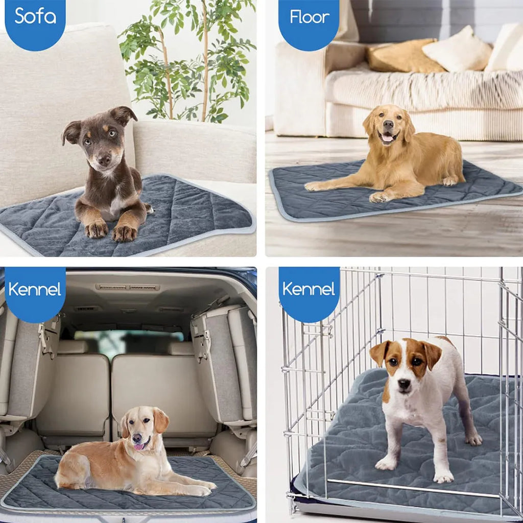 Grey multi-layer cloth pet cushion shown in four available sizes for dogs and cats.
