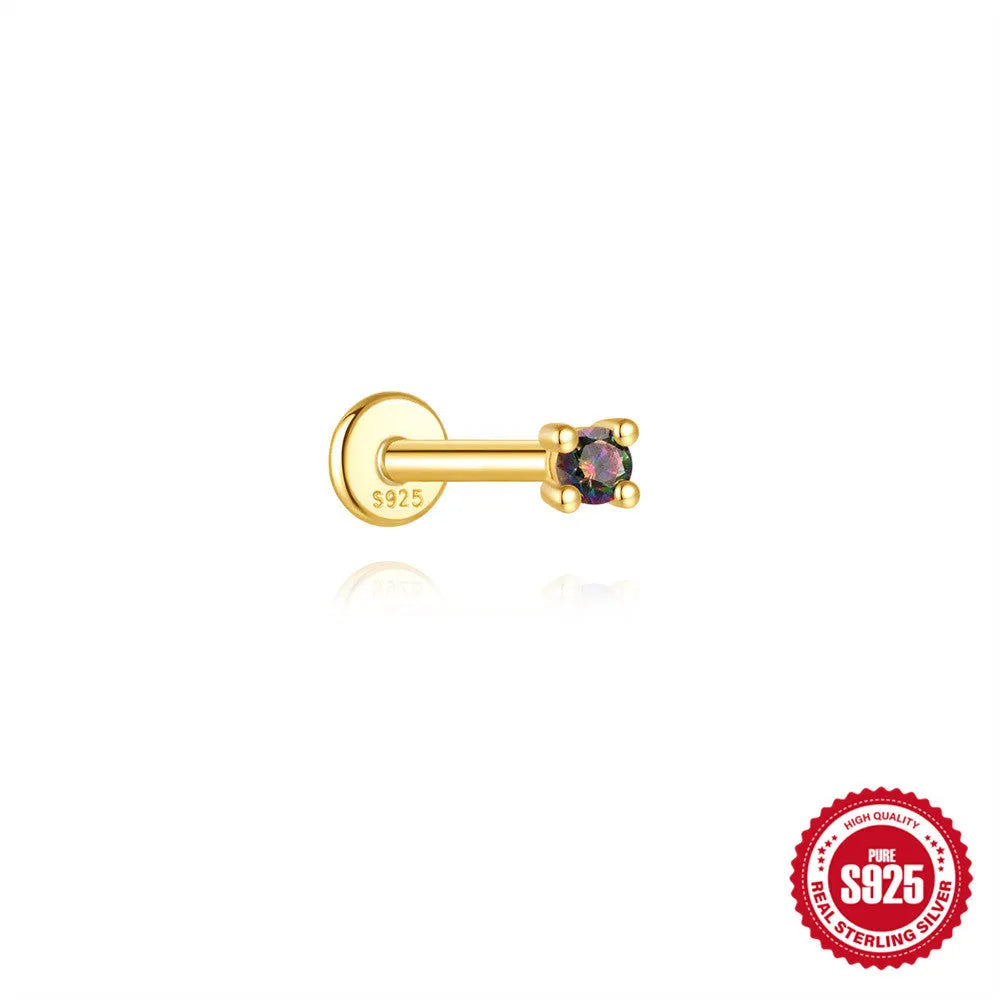 S925 sterling silver flat head thread ear stud with super shiny rainbow stone finish in a gold colour.