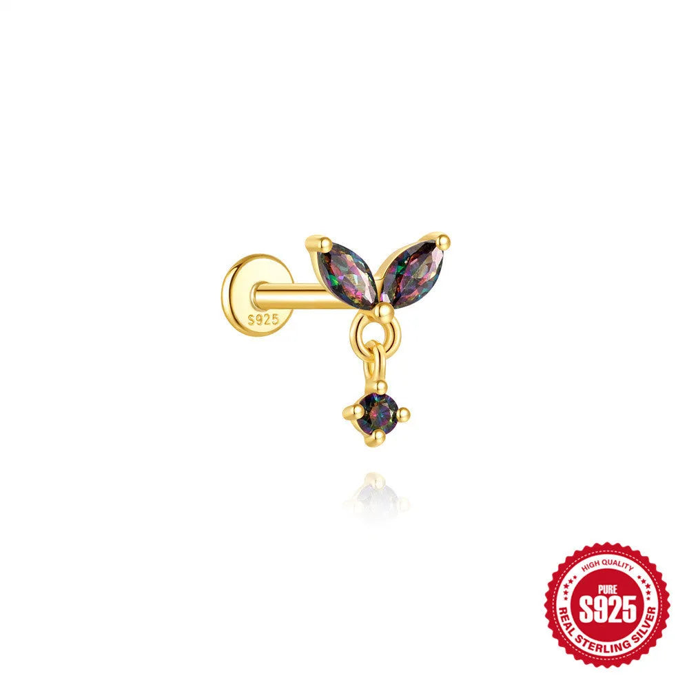 S925 sterling silver flat head thread ear stud with super shiny rainbow stone finish in a gold colour.