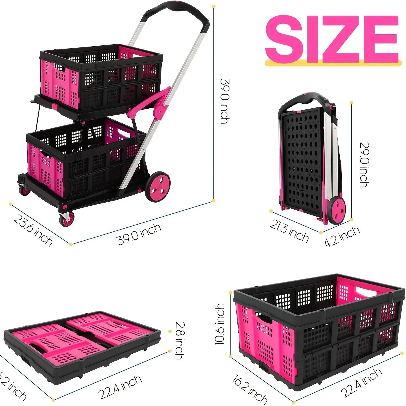Foldable plastic shopping cart with two-basket design in blue colour variant