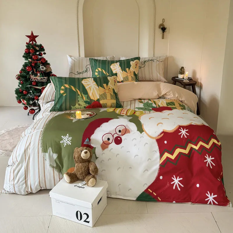Christmas cartoon printed bedding set with sheet, quilt cover, and pillowcases in super soft washed cotton