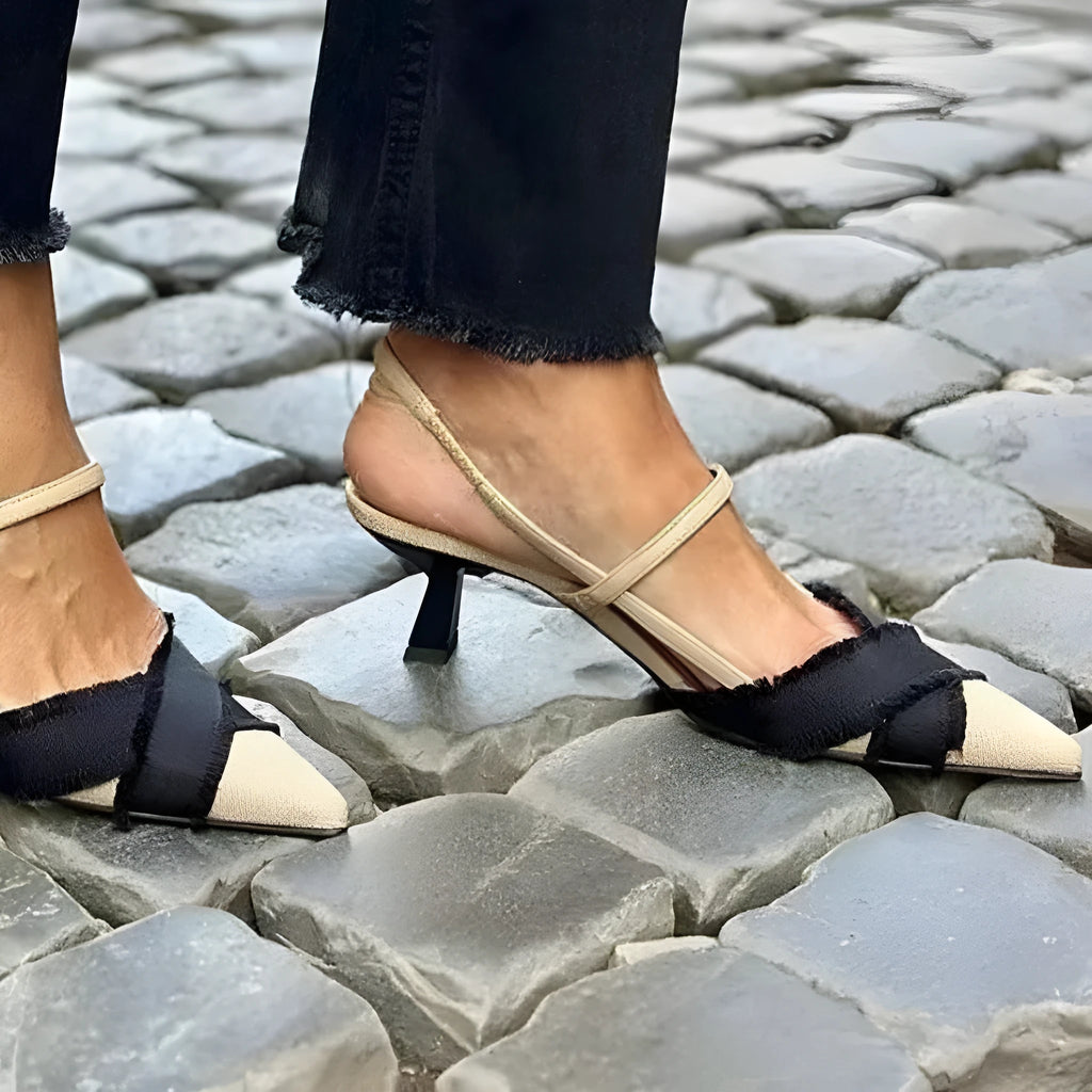 Women's apricot black colour block stiletto sandals with pointed toe and adjustable buckle strap