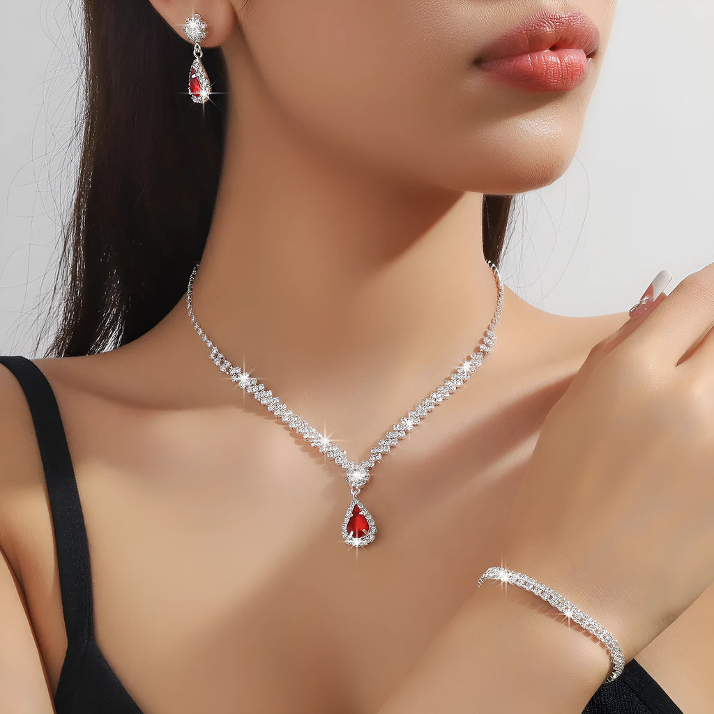 Claw chain necklace and earrings set with water drop rhinestone pendants in multiple colour options