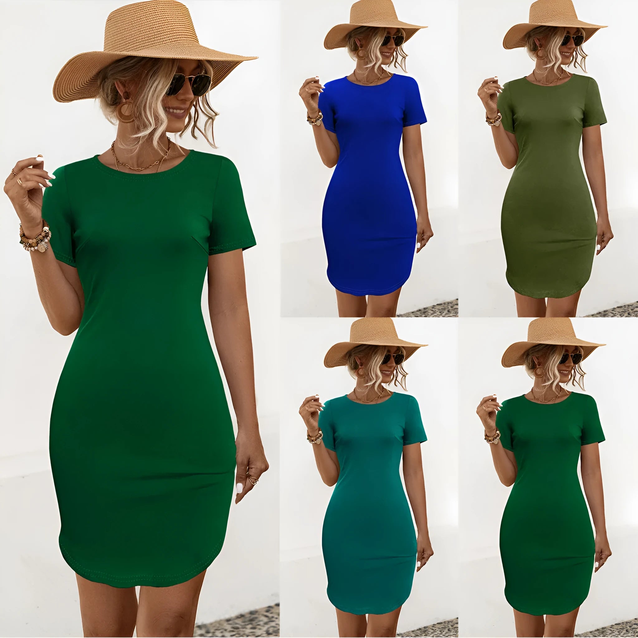 A women's slim-fit short-sleeve dress with a U-shaped split hem in a dark green colour.