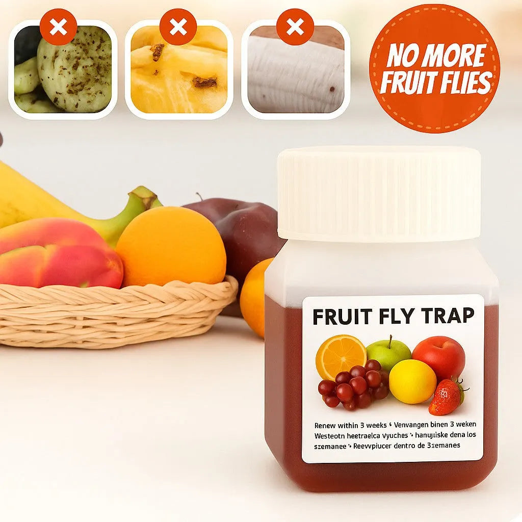 Bottle of fruit fly trapper bait liquid with specification options for trap systems.
