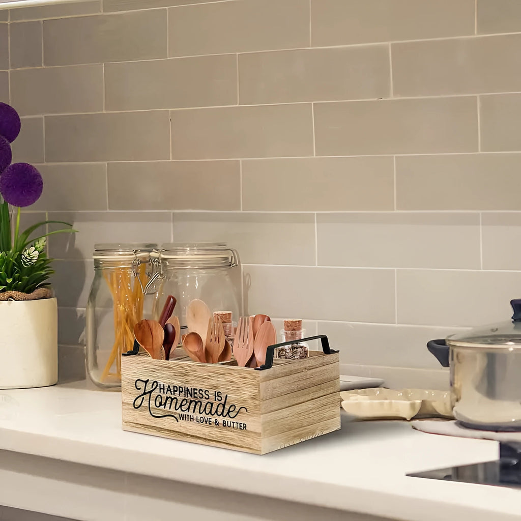 Large modern wooden kitchen storage box with internal grid dividers for organising cutlery.
