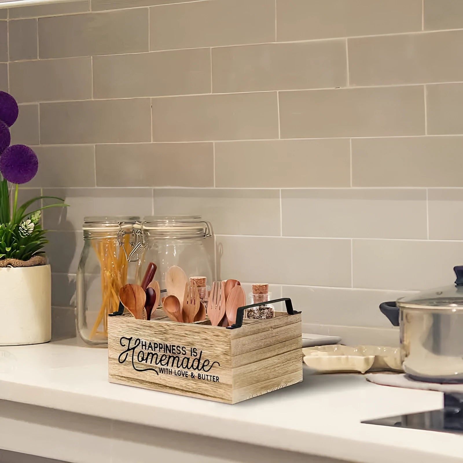 Large modern wooden kitchen storage box with internal grid dividers for organising cutlery.