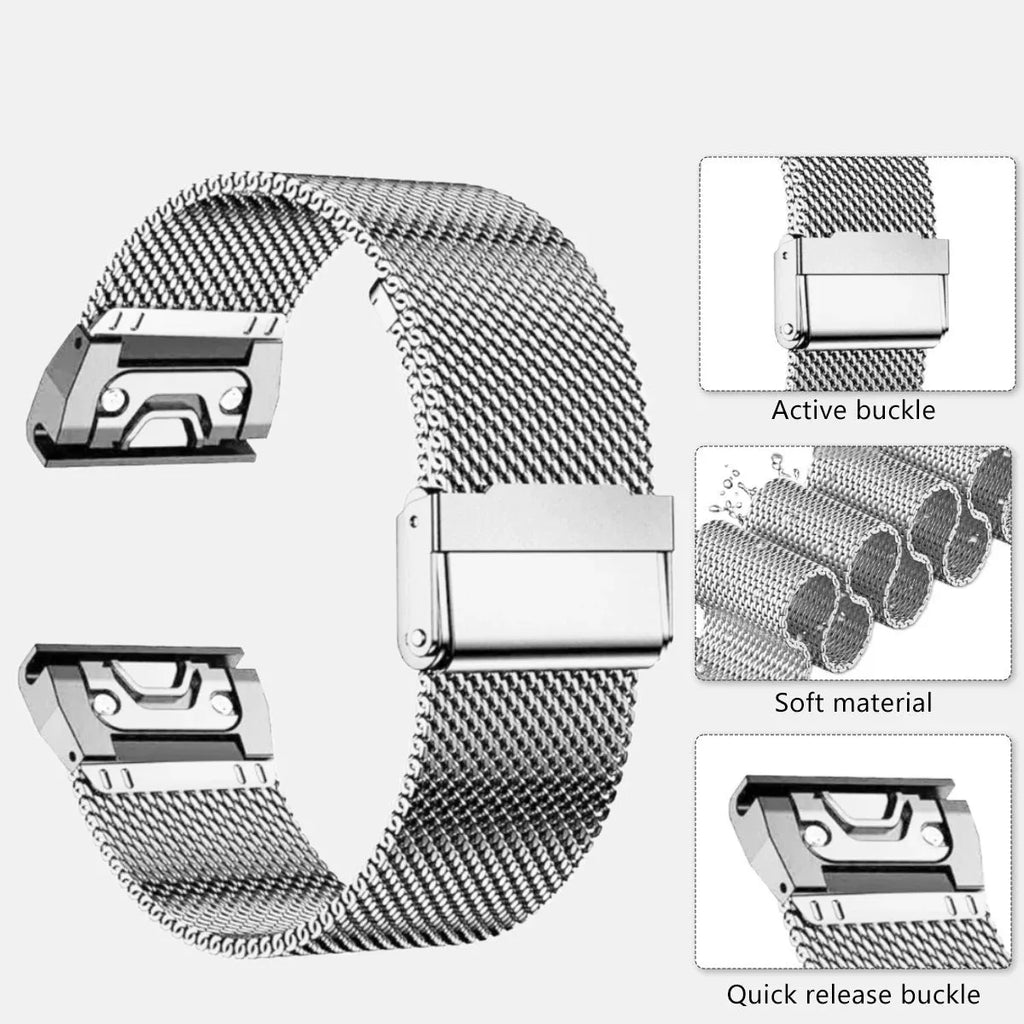Stainless steel replacement watch strap for Garmin Fenix 7X 7Pro 6X 6 models in silver, black, gold, rose gold