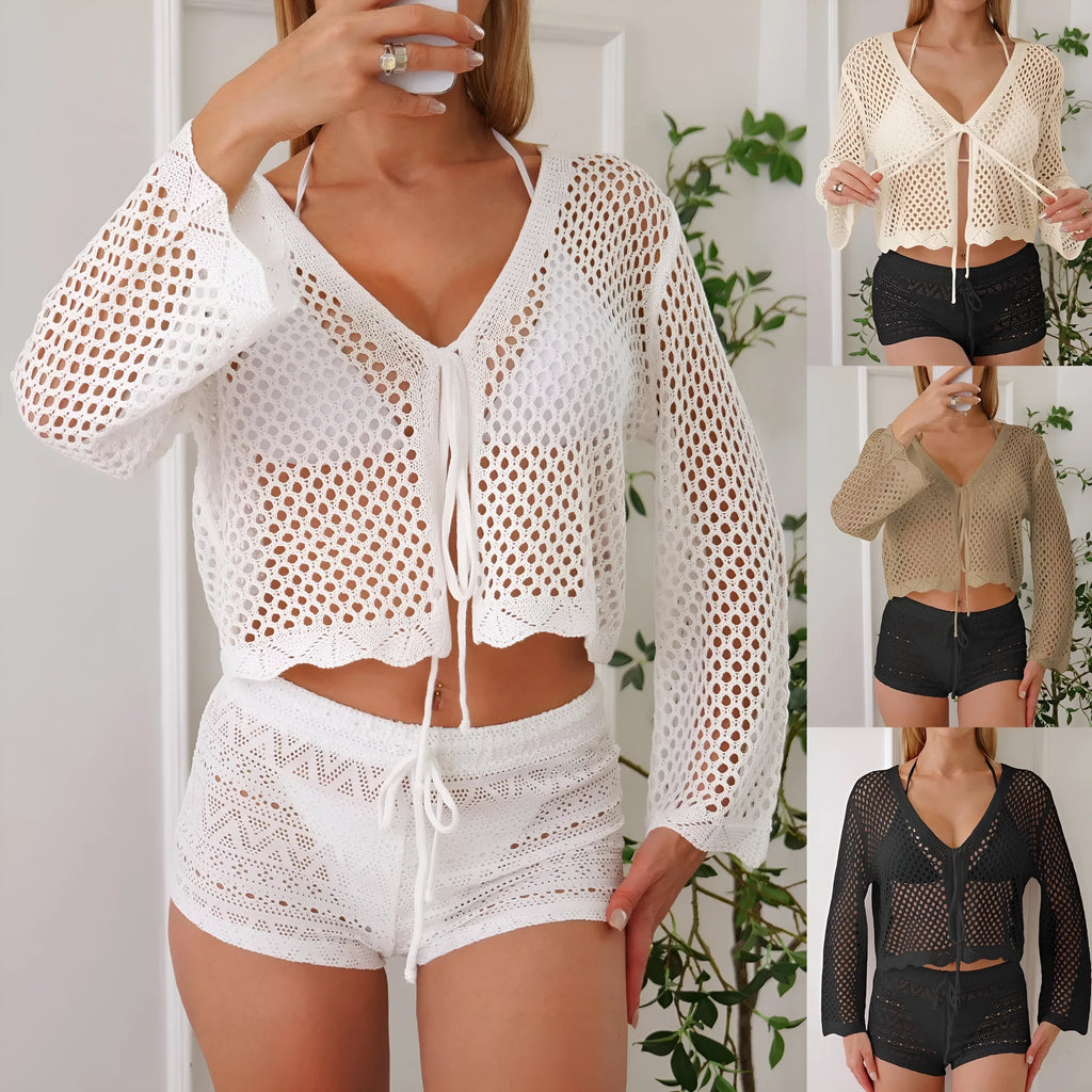 Women's hollow woven cardigan blouse with nine-quarter bell sleeves in imitation cotton fabric