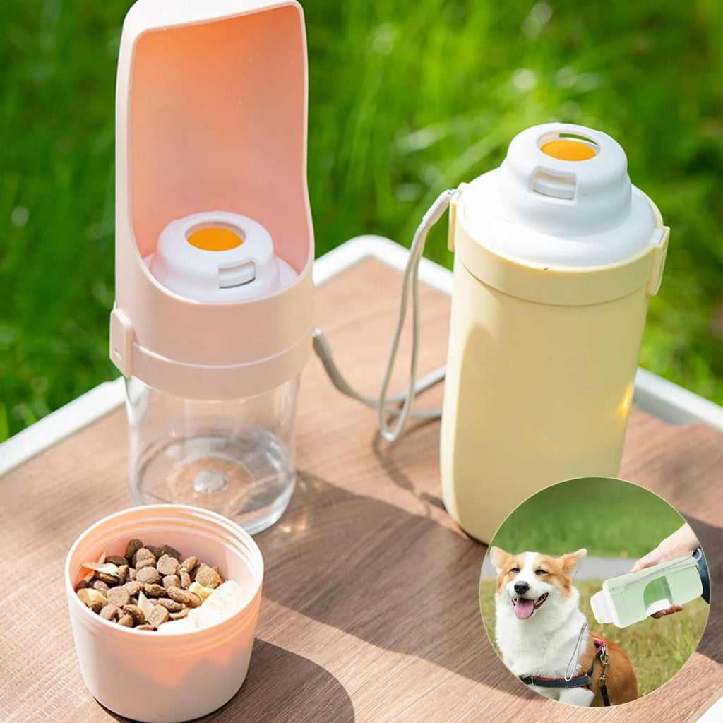 Grey 2-in-1 portable dog water bottle and food feeder with lanyard attached