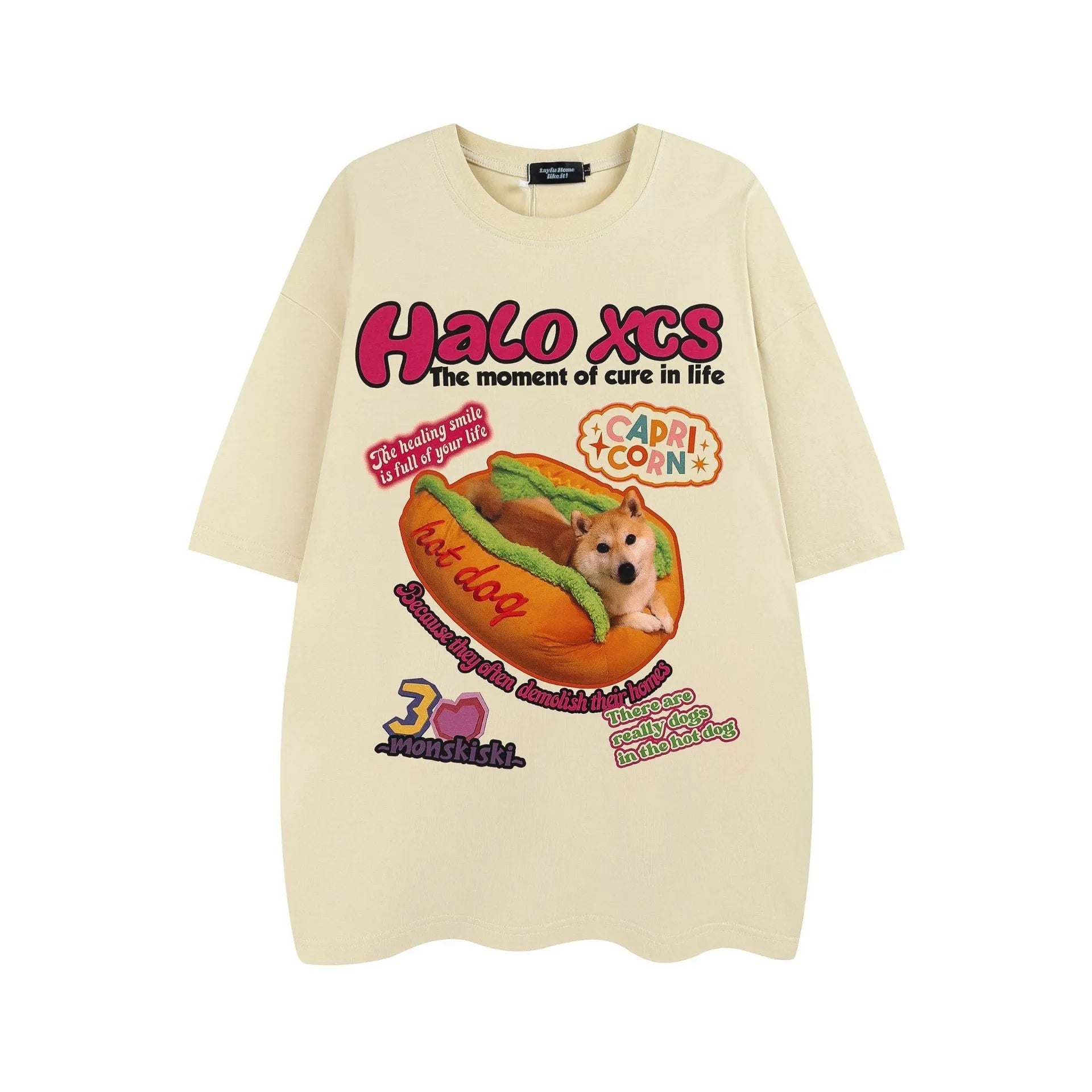 A white loose-fit cotton T-shirt with a large cartoon print of a hamburger dog.