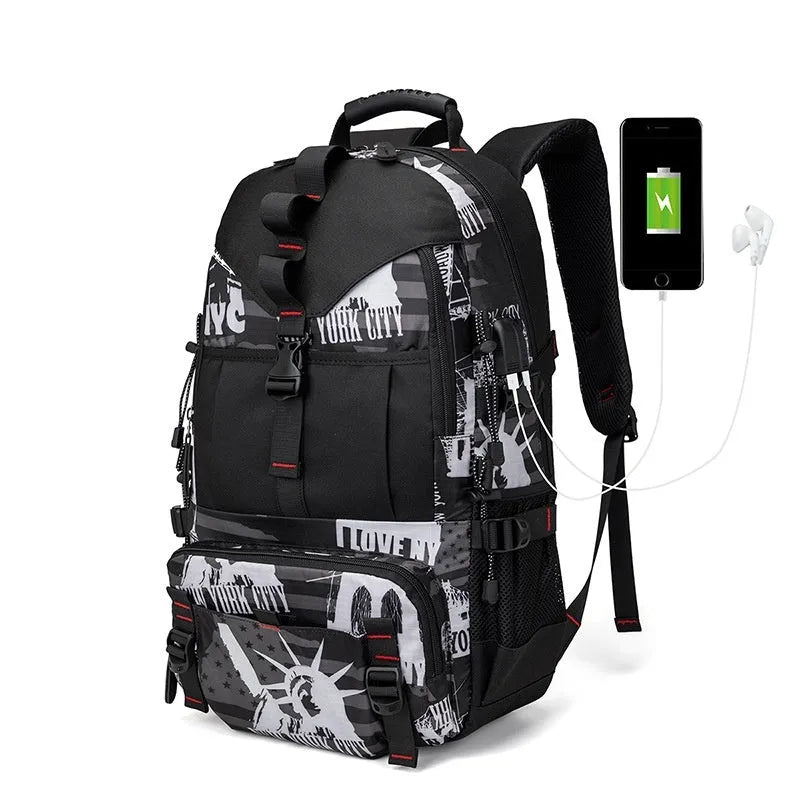 Men's waterproof Oxford cloth hiking backpack in camouflage colour with multiple compartments and air pillow belt system