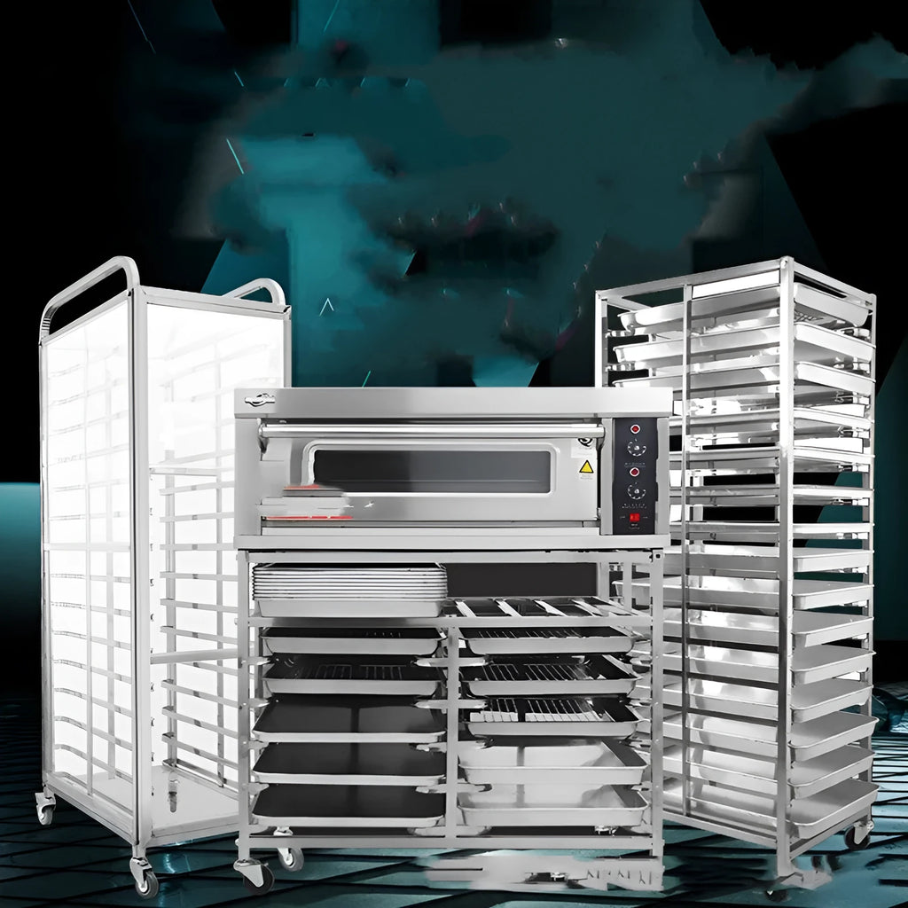 Stainless steel six-tier baking rack with lock mechanism and large tray