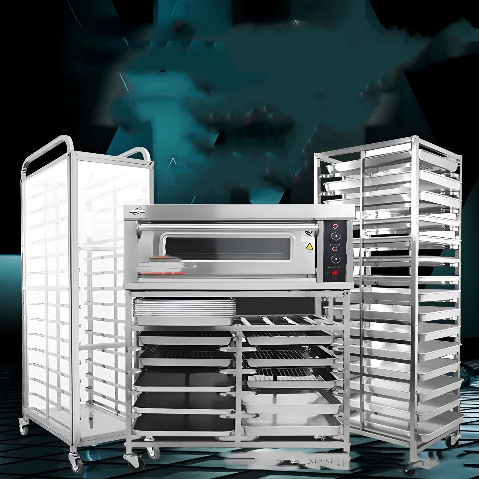 Stainless steel six-tier baking rack with lock mechanism and large tray