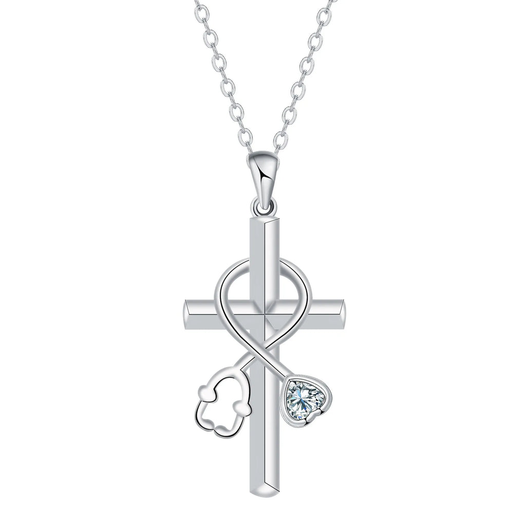 Close-up of a copper stethoscope pendant necklace on a cross-link chain for women.