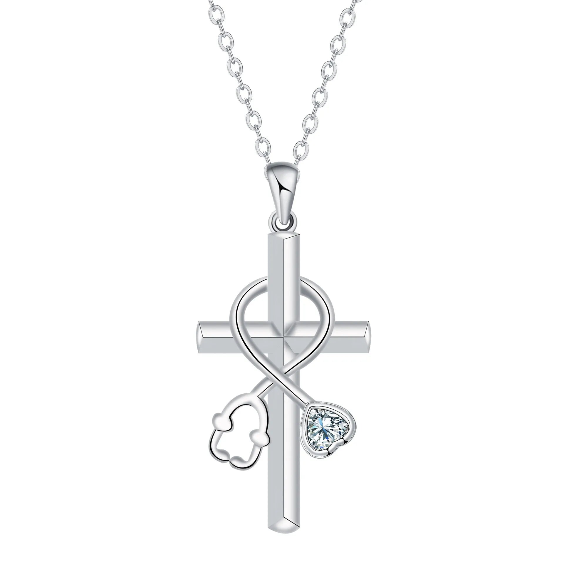 Close-up of a copper stethoscope pendant necklace on a cross-link chain for women.