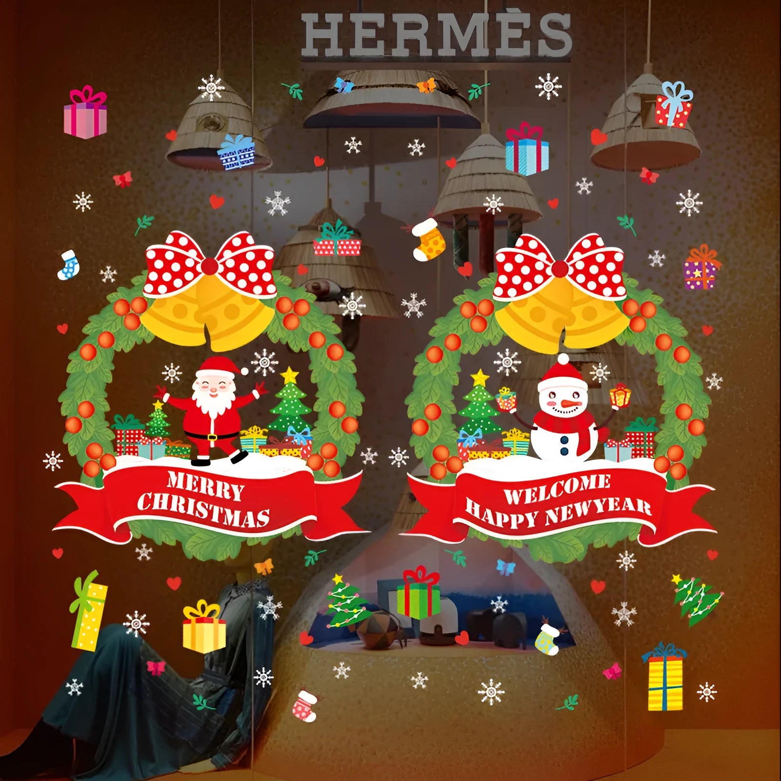 Large PVC non-adhesive electrostatic Christmas wall sticker with colourful anime design