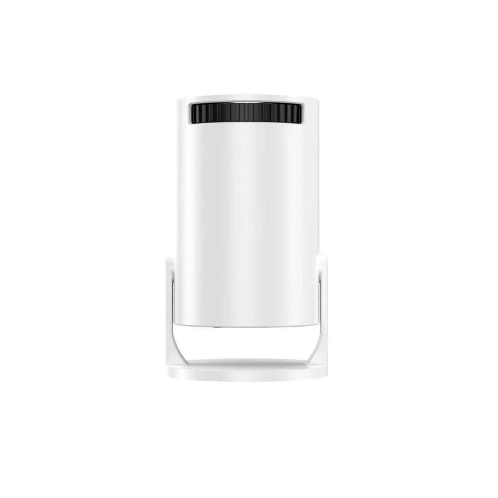 White mini wireless projector showing 1080p HD resolution for home cinema use.