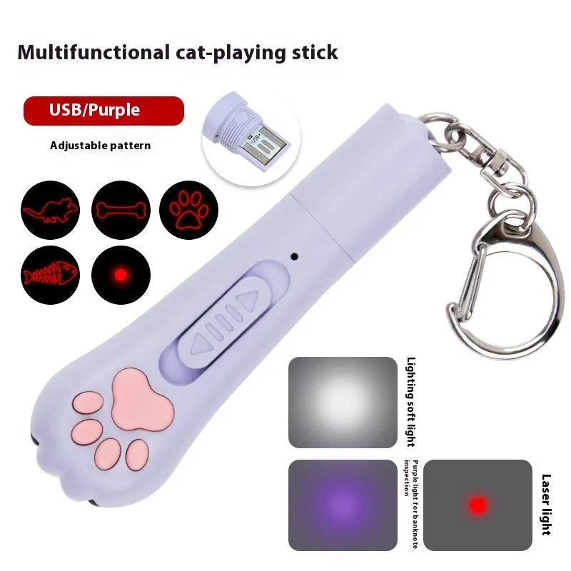 Infrared laser cat teasing stick with miniature paw prints in blue plastic with laser projection
