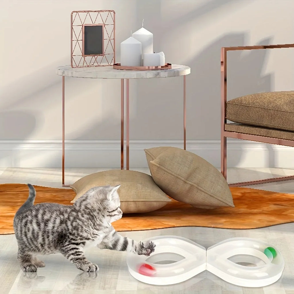 Blue and white cat toy turntable track with ball and teasing stick measuring 50cm length