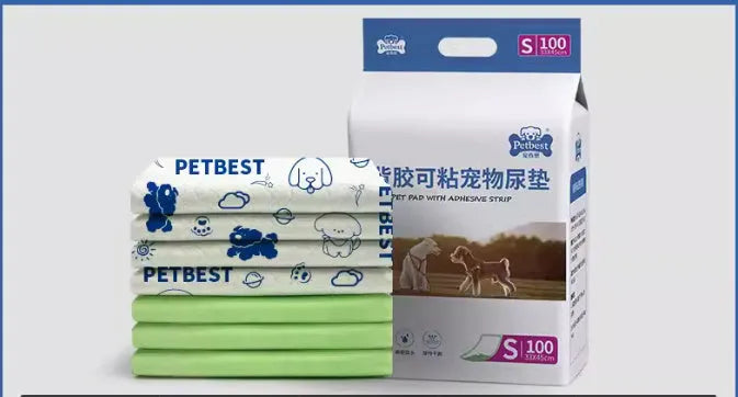 Pack of thickened disposable dog urine pads showing adhesive backing and size options