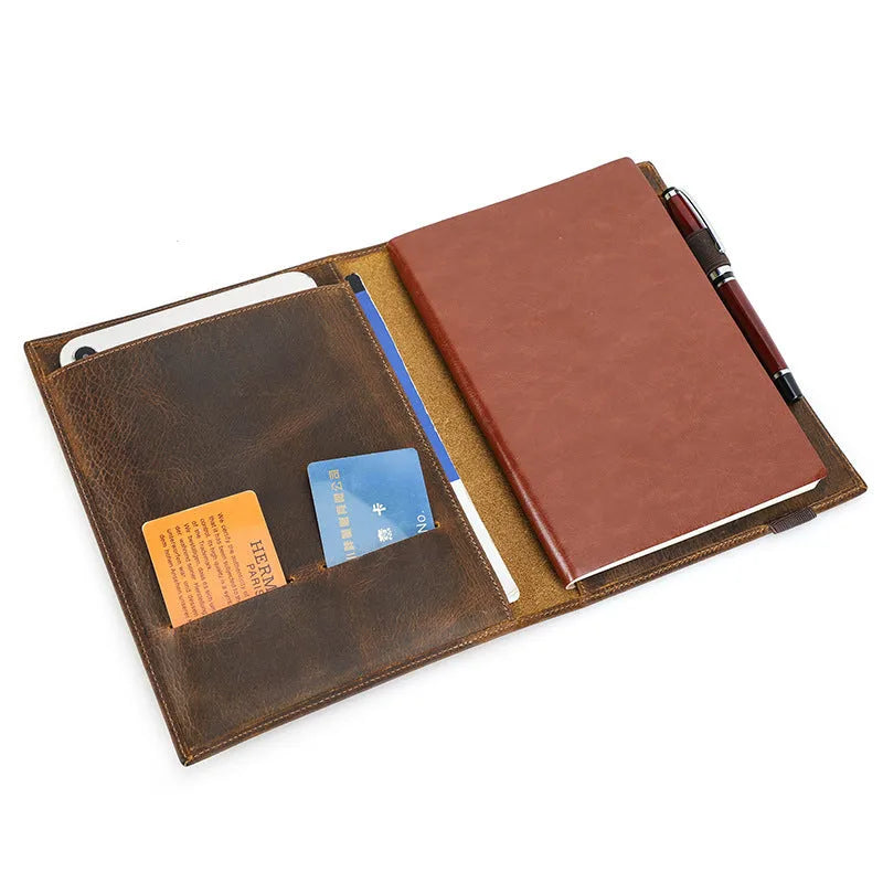 Brown Crazy Horse leather notebook protective sleeve for A5 paper with square socket design