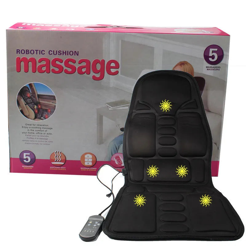 Black heating massage mat with infrared physiotherapy function and a connected seat cushion.