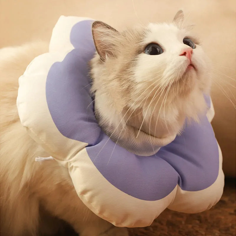 Adjustable cotton cat flower cone collar in pink with elastic neck band for post-surgery wound protection