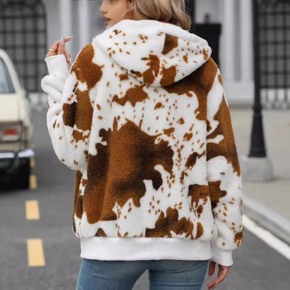 Yellow brown cow coloured hooded cardigan jacket with animal pattern print and front zipper
