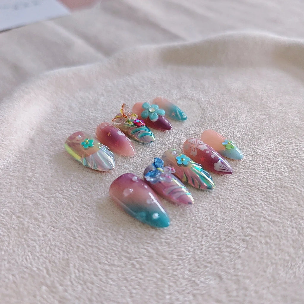 Handmade colourful small flower and butterfly nail art sculptures for gel manicure decoration